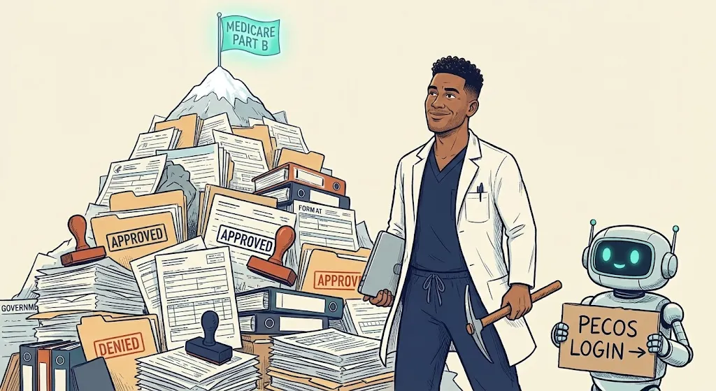 The Paperwork Mountain - A surgeon standing at the base of a mountain made of Medicare Part B forms and documents