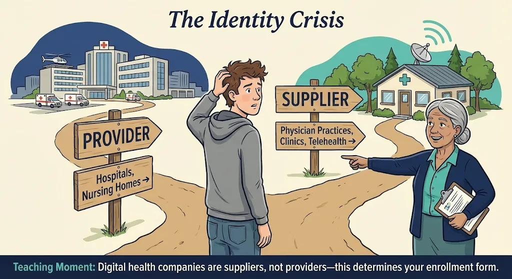 The Identity Crisis - Provider vs Supplier fork showing digital health companies are suppliers, not providers